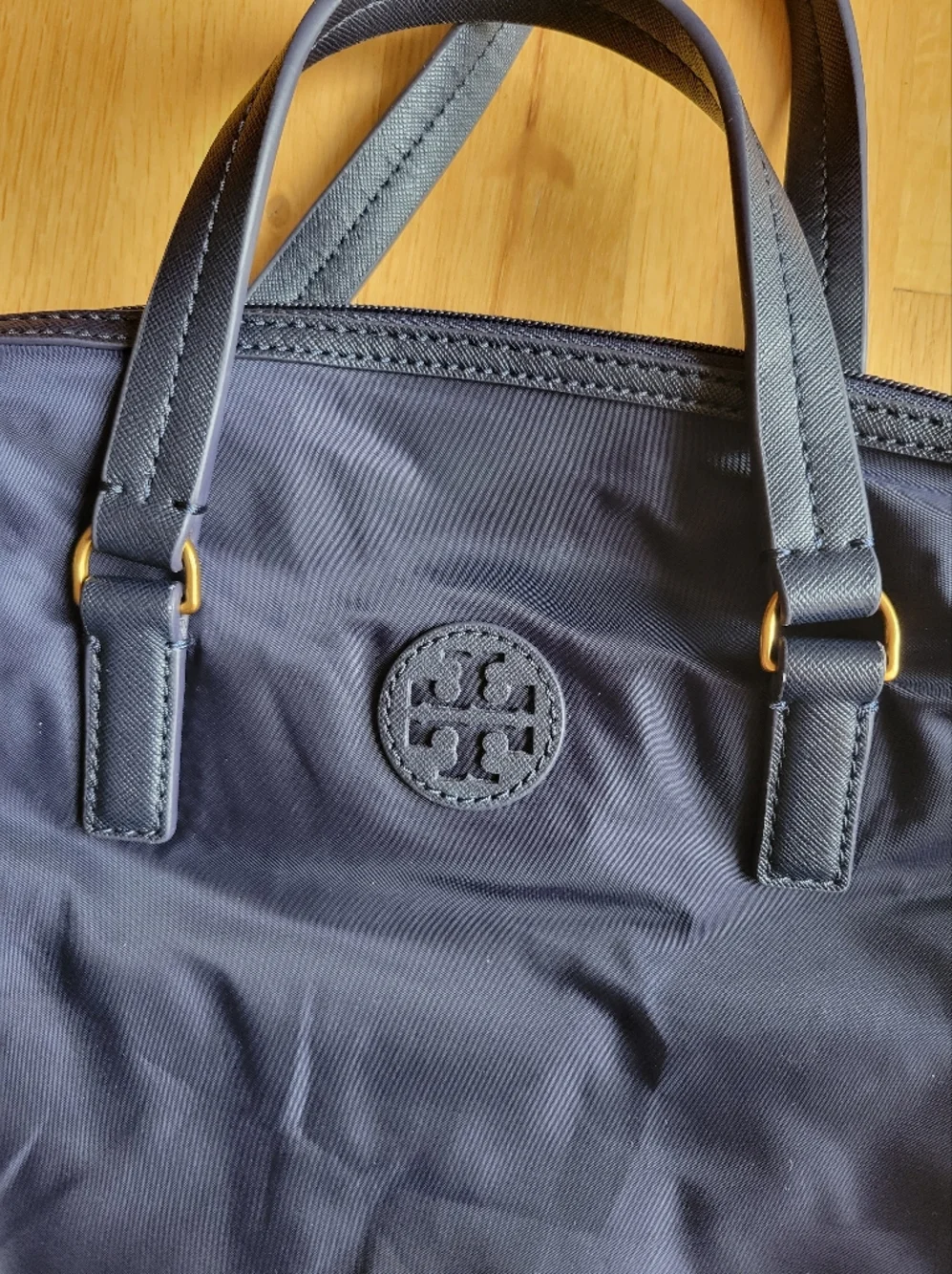 Tory Burch Tilda Nylon Slouchy Satchel Tote Purse Bag Handbag Navy Blue